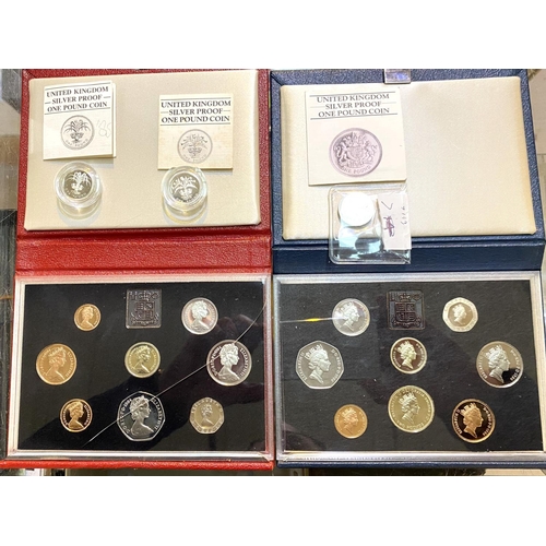 200A - Two proof coin sets 1987 & 1986 (1 case with crack); 3 x £1 silver coins: 1983; 1984 & 1985,... 