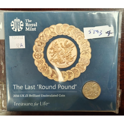 200B - The last round pound, in pack, 2016 and a coin cover 10/- note; 2 x 50p coins; a Nelson Mandela note... 