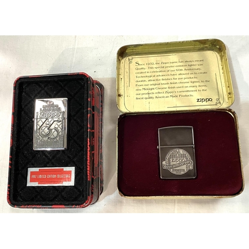 16 - Two Zippo lighters commemorating their 60th & 65th anniversaries, tin cased