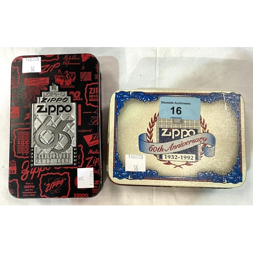 16 - Two Zippo lighters commemorating their 60th & 65th anniversaries, tin cased