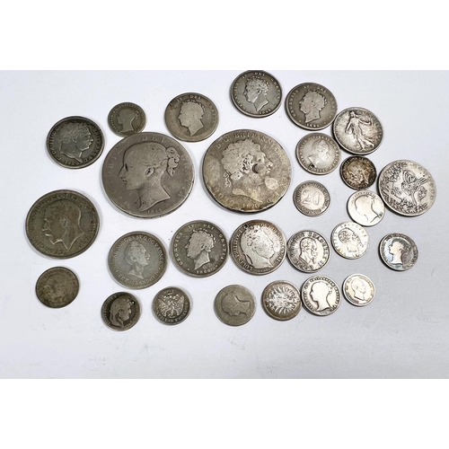 182 - An 1844 and 1820 crown; a selection of GB and foreign silver coins, gross weight 4.4oz