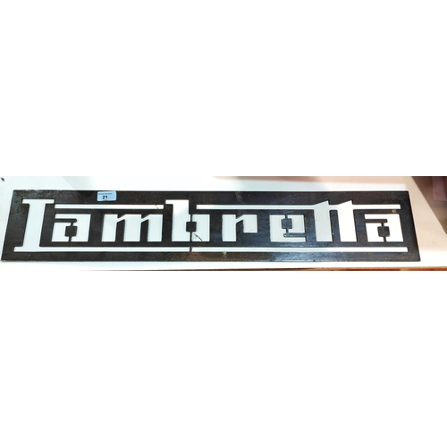 21 - A vintage cast pierced Lambretta sign, length 81cm 