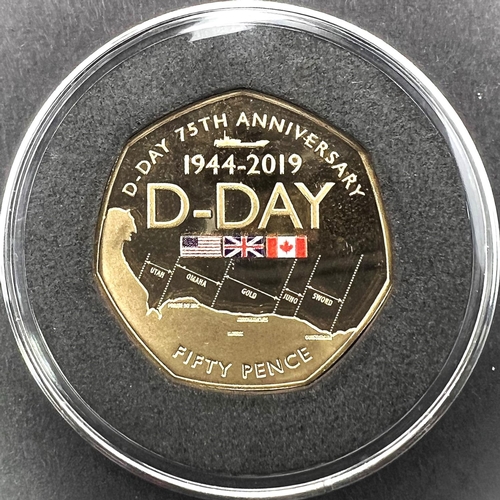 246 - A 2019 Gibraltar 75th Anniversary of D-Day gold proof 50p coin (missing C.O.A) and a similar silver ... 