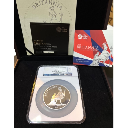 256 - A 2013 Britannia first strike 5oz silver proof graded NGC 'PF 69 Ultra Cameo' and boxed