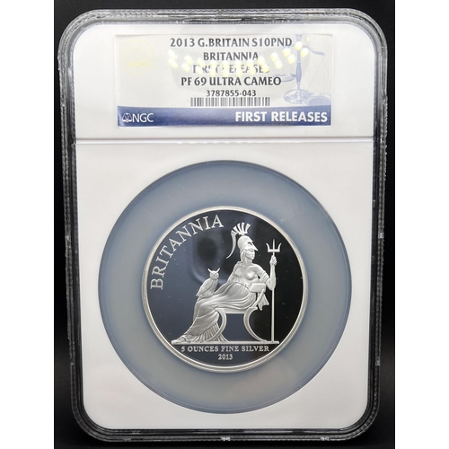 256 - A 2013 Britannia first strike 5oz silver proof graded NGC 'PF 69 Ultra Cameo' and boxed