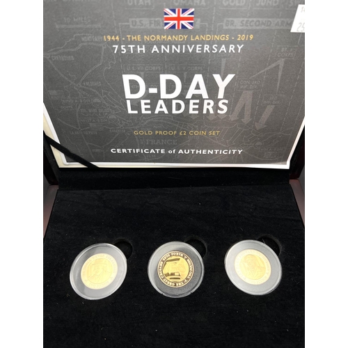 258 - D-Day Leaders £2 gold proof set 2019, depicting Winston Churchill, General Montgomery and King... 