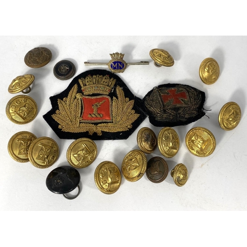 303 - Two Merchant Navy cloth patches, a Merchant Navy Bar brooch and various Merchant Navy brass buttons ... 