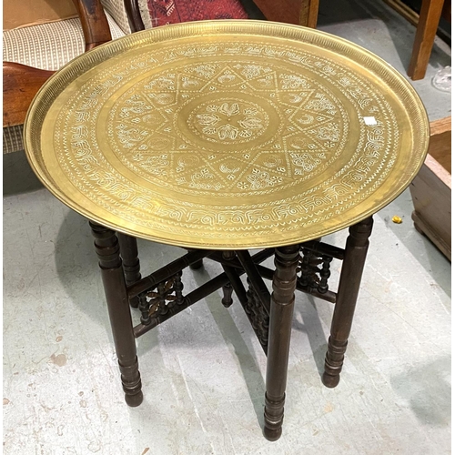 33 - A brass top occasional table; a pine dough trough; a vintage sledge