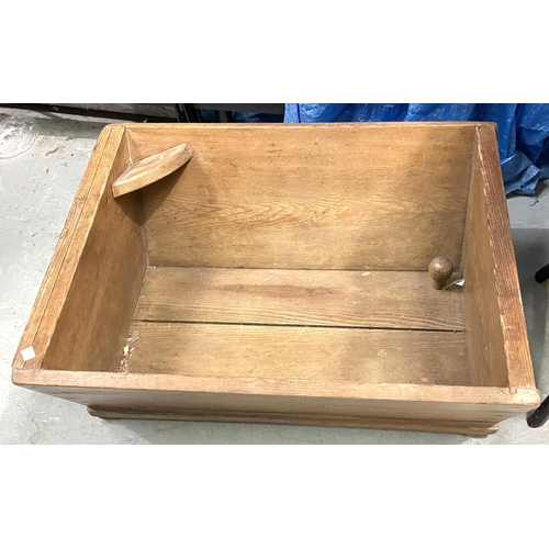 33 - A brass top occasional table; a pine dough trough; a vintage sledge