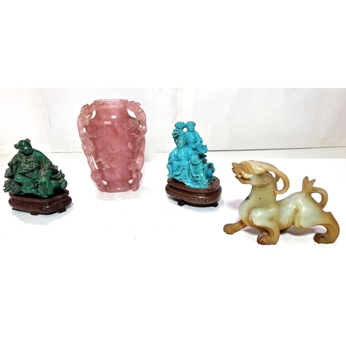 405 - 4 Chinese hard stone ornaments including rose quartz vase height 14cm turquoise coloured group heigh... 