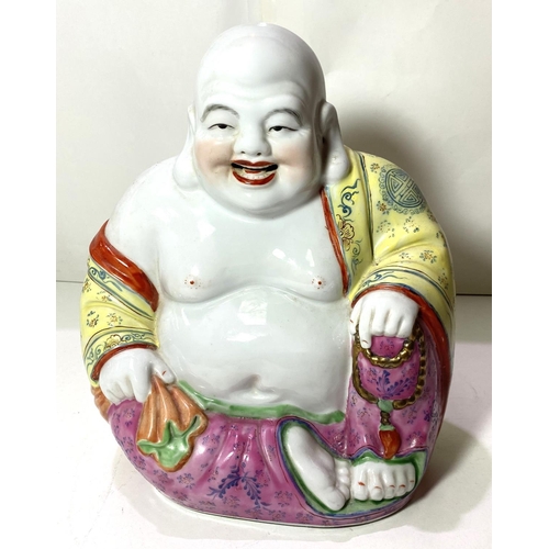 418 - A Chinese Republic period porcelain figure of Ho Tai in seated position, with impressed seal mark to... 