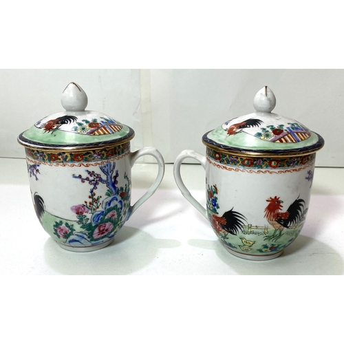 422 - A 20th century Republic Period pair of covered cups decorated with cockerels in landscapes, height 1... 