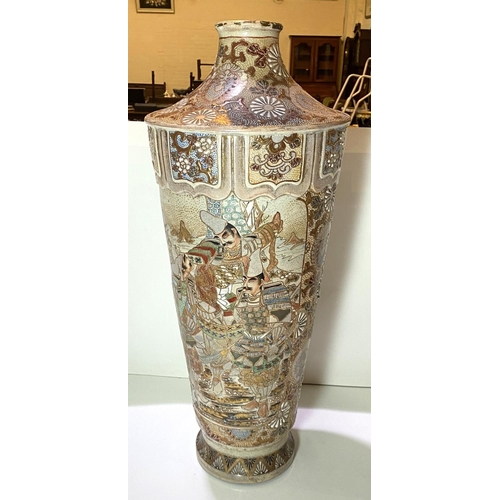 430 - A tall Japanese satsuma crackle glaze vase decorated with warriors in panels, gilt decoration with c... 