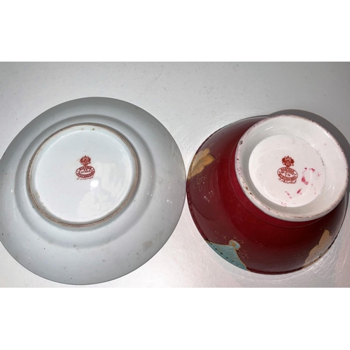 501 - A Kuznetsov porcelain bowl and dish, pink ground with vine decoration, red marks to base