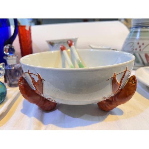 519 - A salad bowl supported by lobsters with matching servers; a part tea set by Shelley - pattern (no cu... 