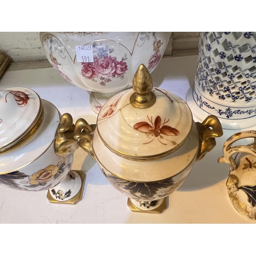 591 - Three Coalport covered vases and other similar china including Royal Crown Derby style ewer