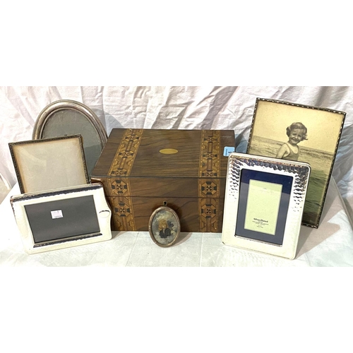 6 - A Tunbridge ware work box and a selection of silver plated picture frames various shapes and sizes