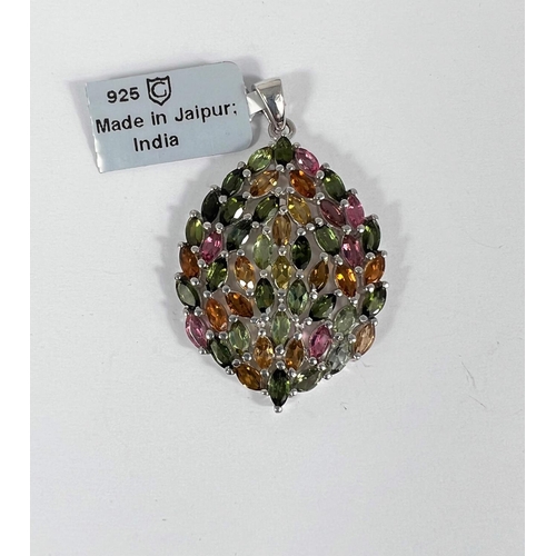 670 - 3 sterling silver pendant drops including Tutti-Frutti tourmaline, 7.4gms; a black spinel and white ... 