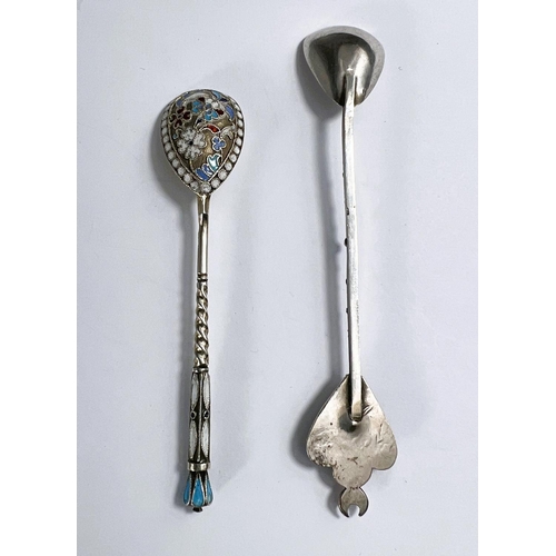 698 - A Russian style white and yellow metal tea spoon set with yellow coloured stone to finial and and a ... 