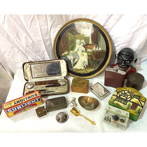 6A - A selection of collectables, money box, vanity set, hip flask etc