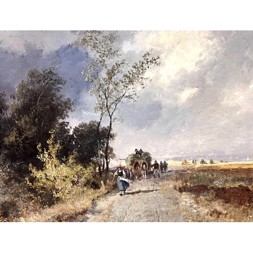 756 - Continental School Oil on board, hay wagon being pulled with over cast sky, titled Sommer No 30 en v... 