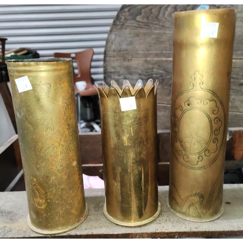 374B - 3 WWI Trench Art vases, one commemorating Manchester Regiment Prisoner of War, 1 with etched eagle c... 