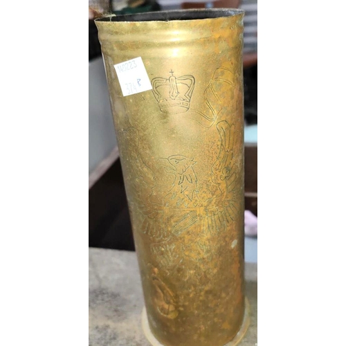 374B - 3 WWI Trench Art vases, one commemorating Manchester Regiment Prisoner of War, 1 with etched eagle c... 