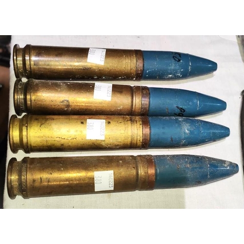 380A - Four 30mm ordnance shells with brass bodies and blue tips 3Z/SWN 