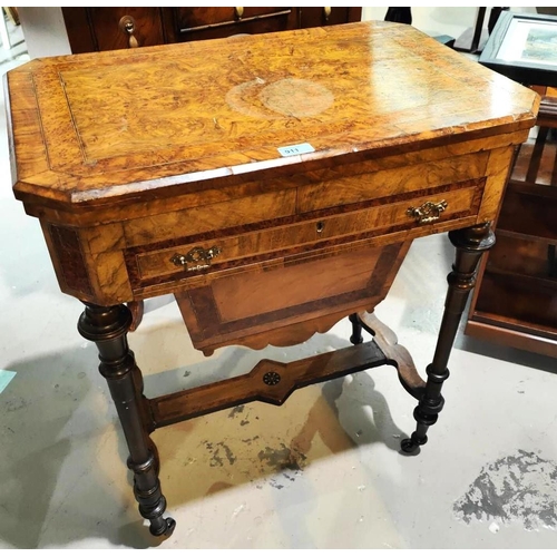 911 - A Victorian canted rectangular burr walnut fold over, baize lined work/card table with burr yew x-ba... 