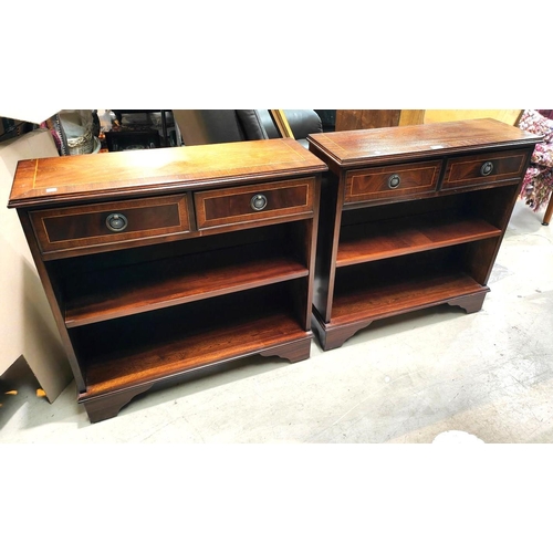 927 - A pair of reproduction mahogany bookcases two height with double drawers above, 77x76cm one with mak... 