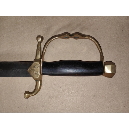 346 - A 19th century continental double edged side arm with brass guard and wooden grip, initials GJS to o... 