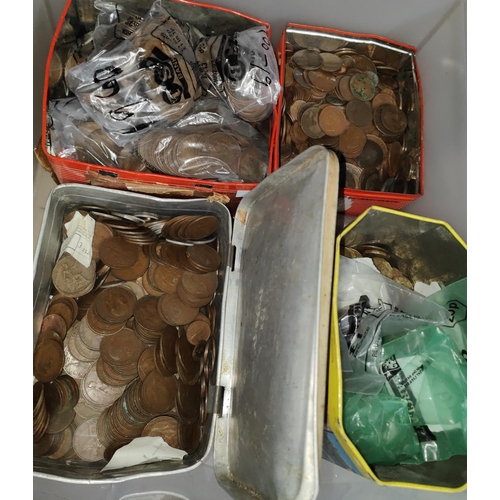 195 - Four tins of mainly GB pre-decimal pennies; a cash box