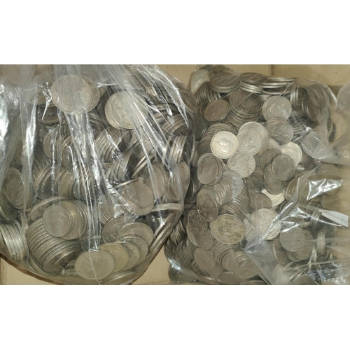 196 - A large quantity of pre-decimal cupronickel coins, mainly shillings and sixpences, in 2 bags (10.3kg... 