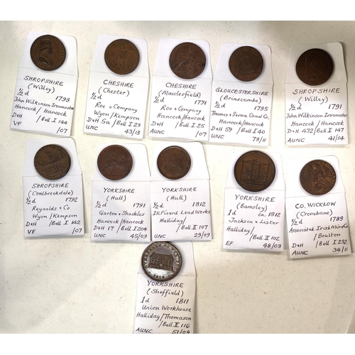 210 - 18th and 19th century copper tokens: an Assoc Irish Mine Co halfpenny 1789, 8 others and 2 early 19t... 