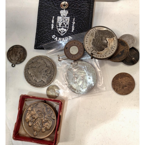 216 - US an 1889 silver dollar; A. FATTORINI GOLDSMITH, HARROGATE gilt metal guinea token, other items