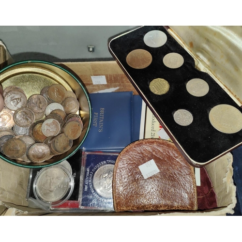 230 - A box of coins, crowns, farthings and coin sets