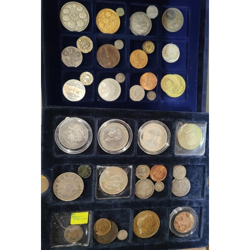 233 - A selection of coins and prize medallions cased