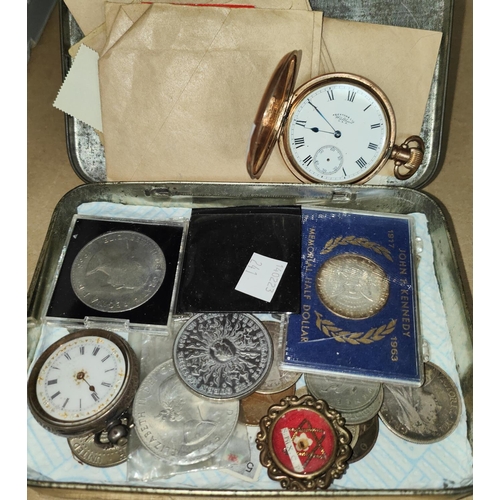 241 - A Waltham hunter pocket watch, gilt case, another watch, silver and other coins; Field Marshall Mont... 