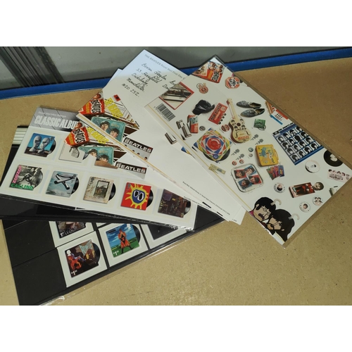 281 - THE BEATLES, 2 mint sets of stamps and FDC's, David Bowie 2 sets, album covers 10 1st class stamps