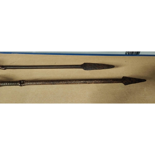 361 - Two South Nigerian Nusubi tribe Iron currency spears, with split central section with hook ends, len... 