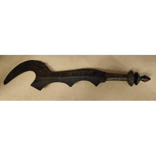 363 - A Ngombe or Bangala Executioners sword with sickle shaped blade, incised decoration to the blade, br... 