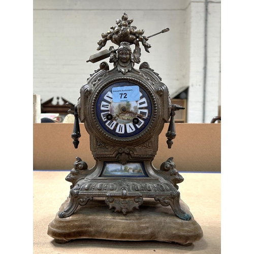 72 - A 19th century French gilt mantel clock with painted porcelain dial, height 30cm