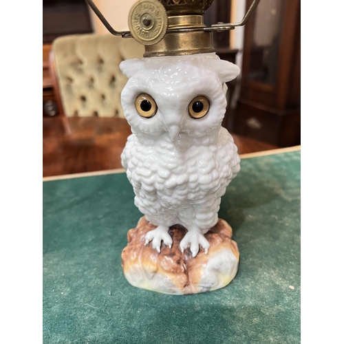 488 - OWL NURSERY LAMP, 19th century porcelain with glass eyes, with brass fittings and shade, 15 cm (owl)