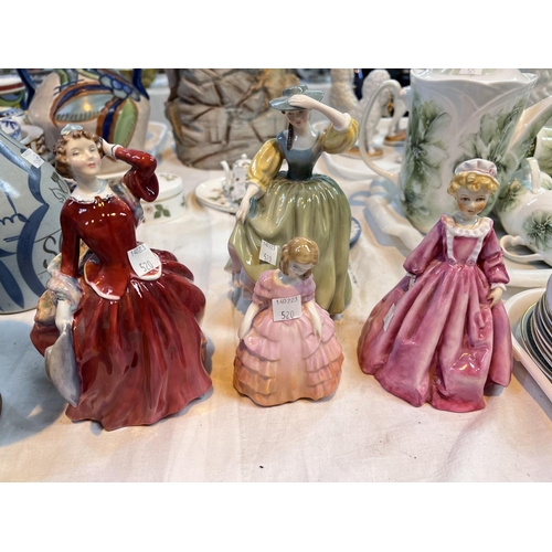 520 - Four Royal Doulton figures:  Blythe Morn HN 2065; Buttercup HN 2309, Peggy HN 2038 Rose HN 1368; a R... 