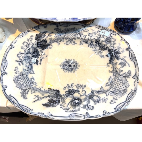 570 - Two 19th century large blue & white meat platters; a wall plaque in red and white willow pattern... 