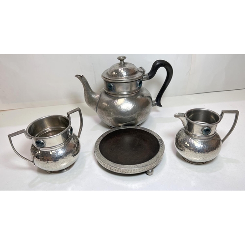 642 - An Ashberry pewter tea service with mottled turquoise decorative beads, comprising teapot, stand, mi... 