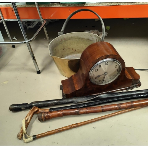 10A - A Brass jam pan, walking stick and a Smiths clock