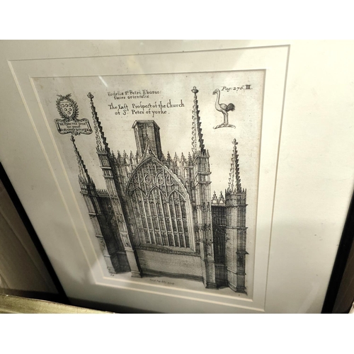 130 - A framed print of Daniel King's York Minster etching circa 1718, a sampler, other pictures and brass... 