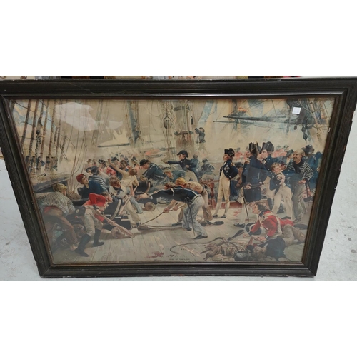 154B - A Framed print 'Hero of Trafalgar' depicting crew firing from ships deck; a large map depicting rive... 