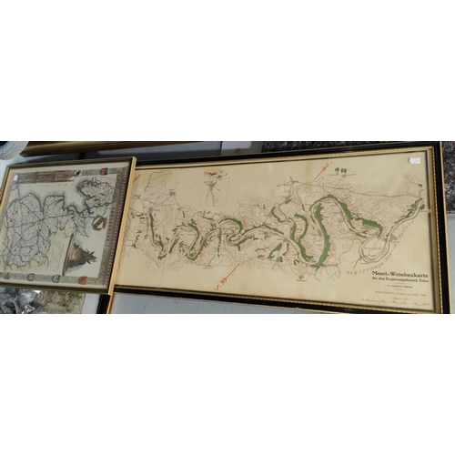 154B - A Framed print 'Hero of Trafalgar' depicting crew firing from ships deck; a large map depicting rive... 